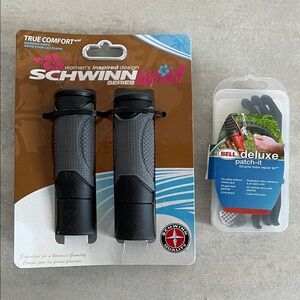 True comfort Schwinn women’s bike grips and Bell deluxe tire patch kit